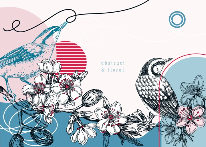 Nuthatchs sitting on flowering almond branch sketch. Vector spring garden illustration on chalkboard. Hand drawn passerine birds singing on blooming tree with nuts, leaves and flowers for print